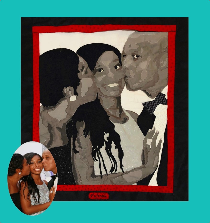 A finished Quilted Portrait — a cherished family photograph handcrafted in fabric by Nunu Comforts